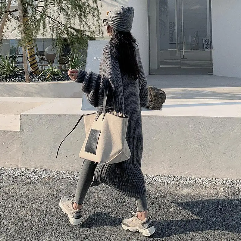 Autumn Winter Chic Long V-Neck Sweater Cardigan Women Casual Loose Gray Pocket Coats New Knitted Jackets Lady Basic Joker Tops