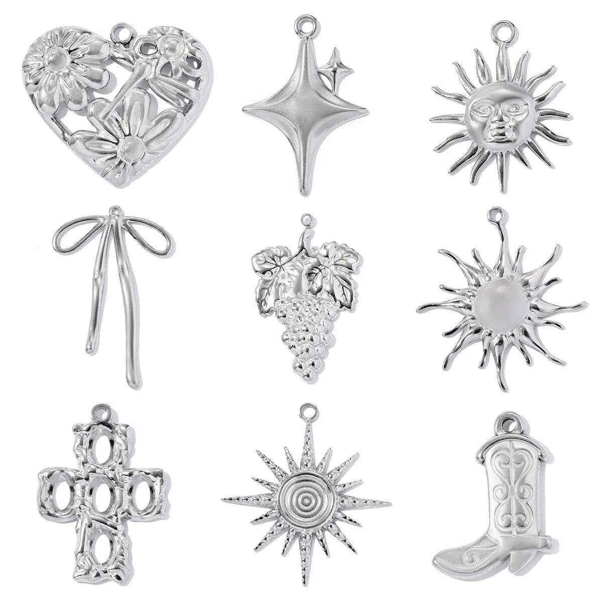 Lote de 5 piezas de dijes de acero inoxidable para bricolaje: lazo, cruz, flor de sol, uva, colgantes de estrella para collar, dijes para pendientes y dijes para botas de mujer, al por mayor
