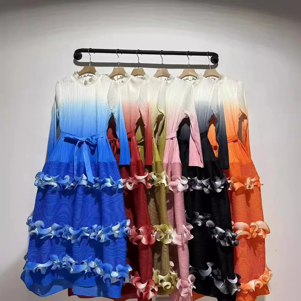 Miyake 2025 New Pleated Maxi Long Dress O-Neck Floral Sleeves Fungus Spliced Gradient Elegant Wedding Dresses for Women