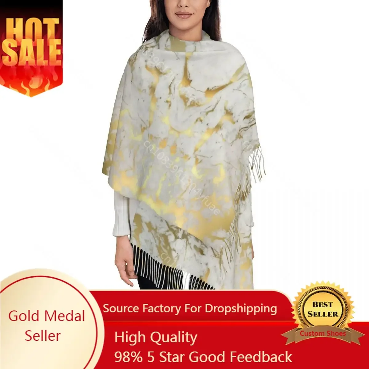 

Gold Marble On White Scarf for Womens Fall Winter Pashmina Shawls and Wrap Modern Geometric Graphic Long Large Shawl Scarf