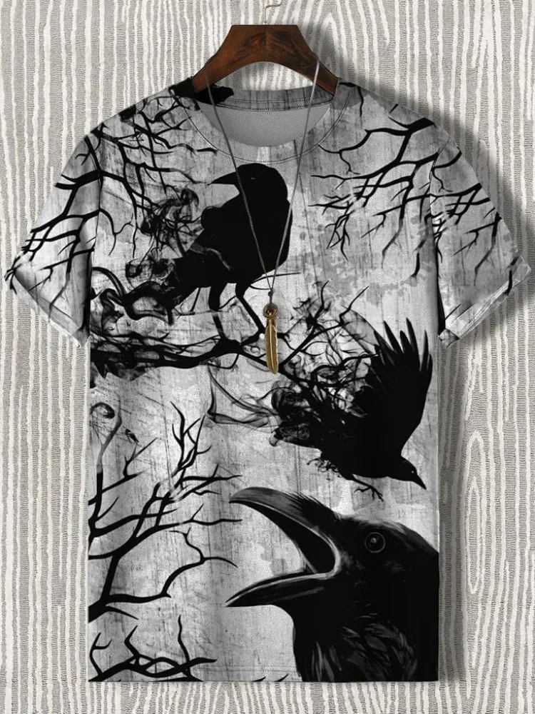 Men's T-shirts Fashion Short Sleeve Round Neck Polyester Fabric Dark Crow Raven Tree Print Tops Streetwear Halloween Clothings