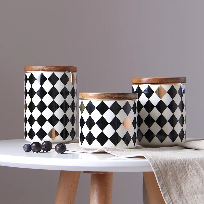 Household ceramic sealed jars, creative grain storage jars, kitchen storage boxes, coffee jars, wooden cover tea bottles and jar