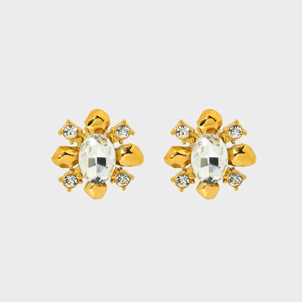 Luxury Bling White Rhinestone Stainless Steel Flower Stud Earrings Gold Color Temperament Metal Waterproof Jewelry for Women