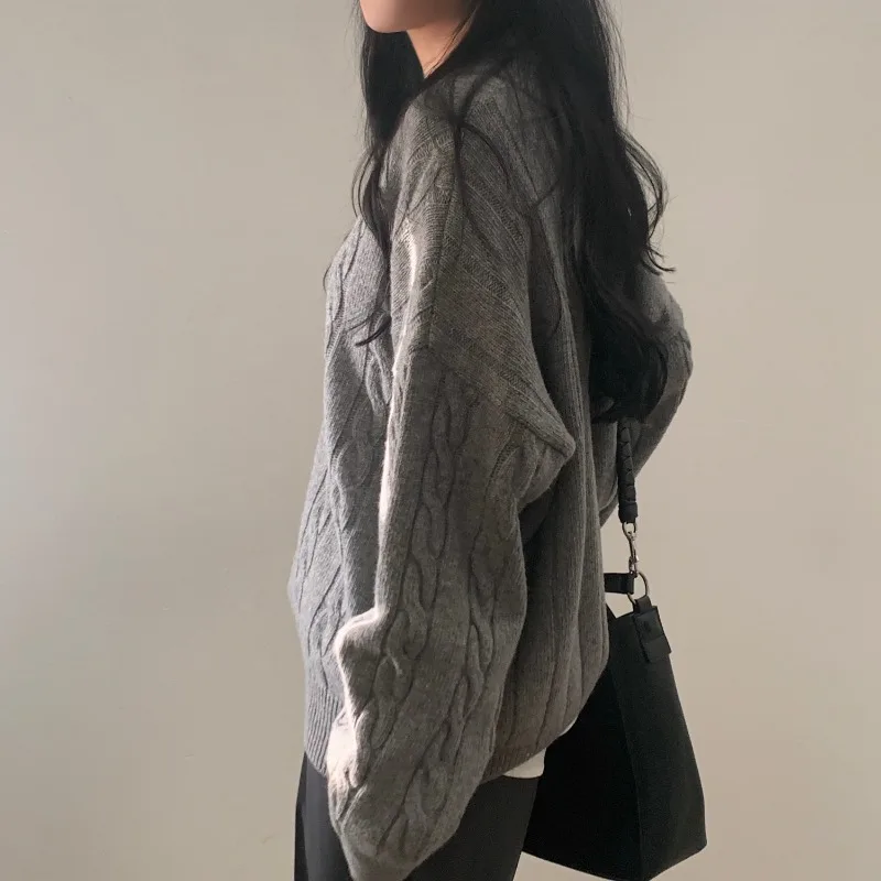 MiiiiX coreano Casual allentato con scollo a v Pullover maglione donna 2024 autunno Design Twist Texture maglione spesso Top abbigliamento femminile