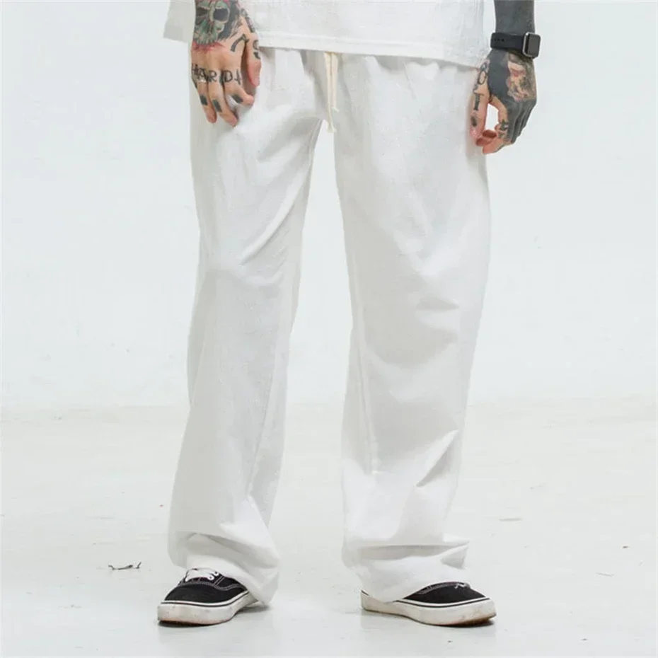 

Plus Size Pants Men Linen Solid Color Pants Spring Autumn Trousers Male Casual Loose Straight Pants Streetwear 9XL