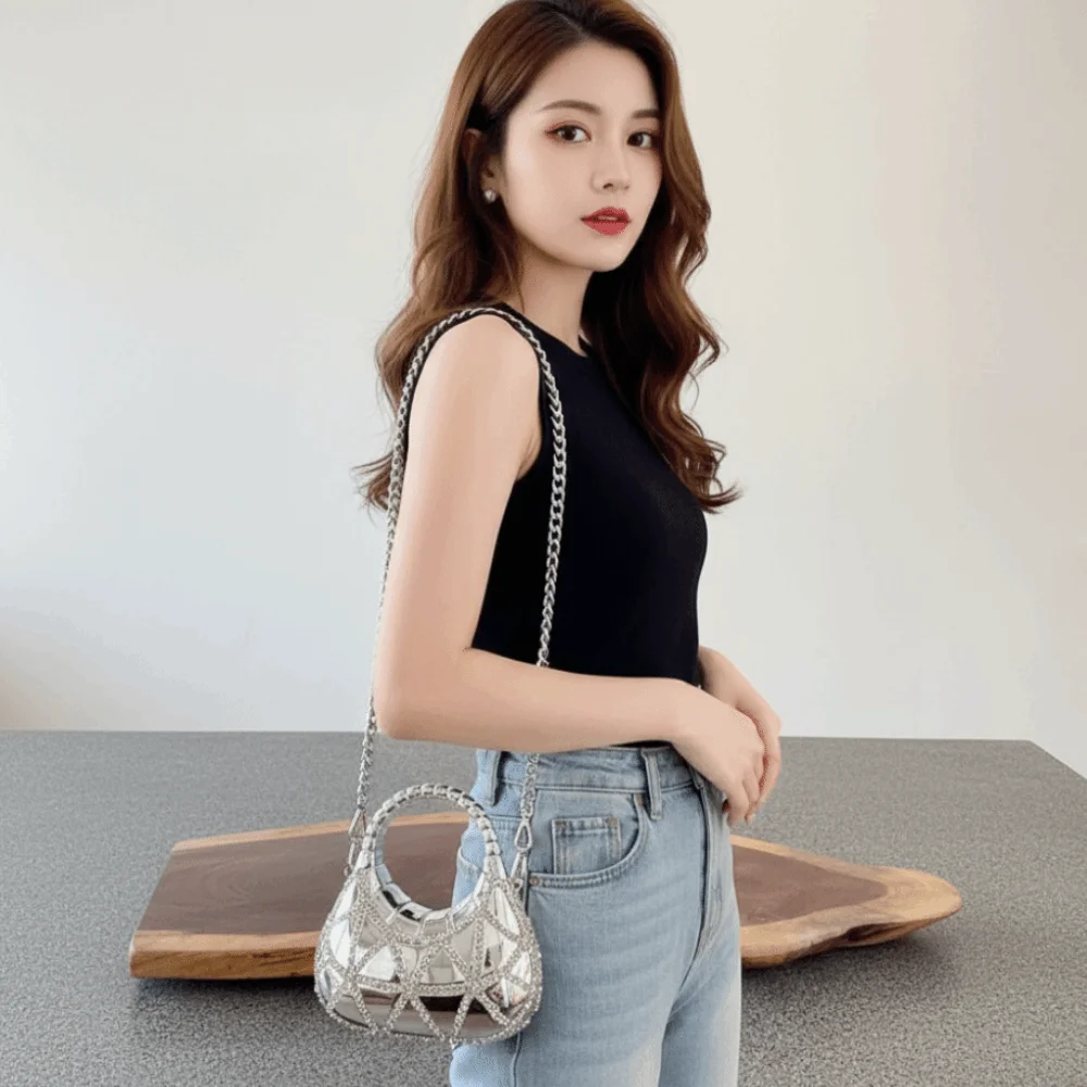 Crystal Embellished Crescent Evening Clutch Geometric Pattern High-shine Finish Rhinestone Box Purse Hardbody Frame