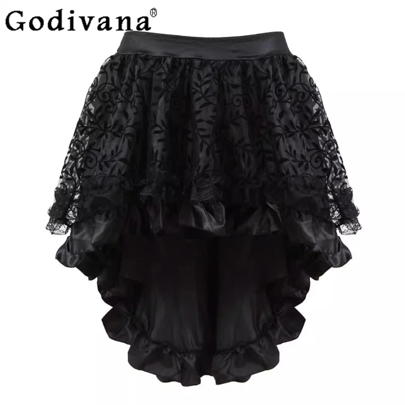 

Dark Gothic Elegant Retro Court Irregular Front Short Rear Long Skirt Girls Summer Loli Lace Versatile A-line High Waist Skirts