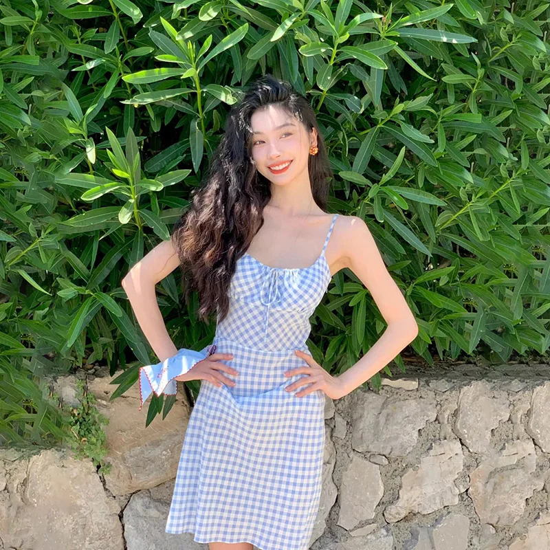 Light Blue Mini Gingham Spaghetti Strap Midi Dress Women Front Drawstring V-Neck Slim Fit Summer Sundress