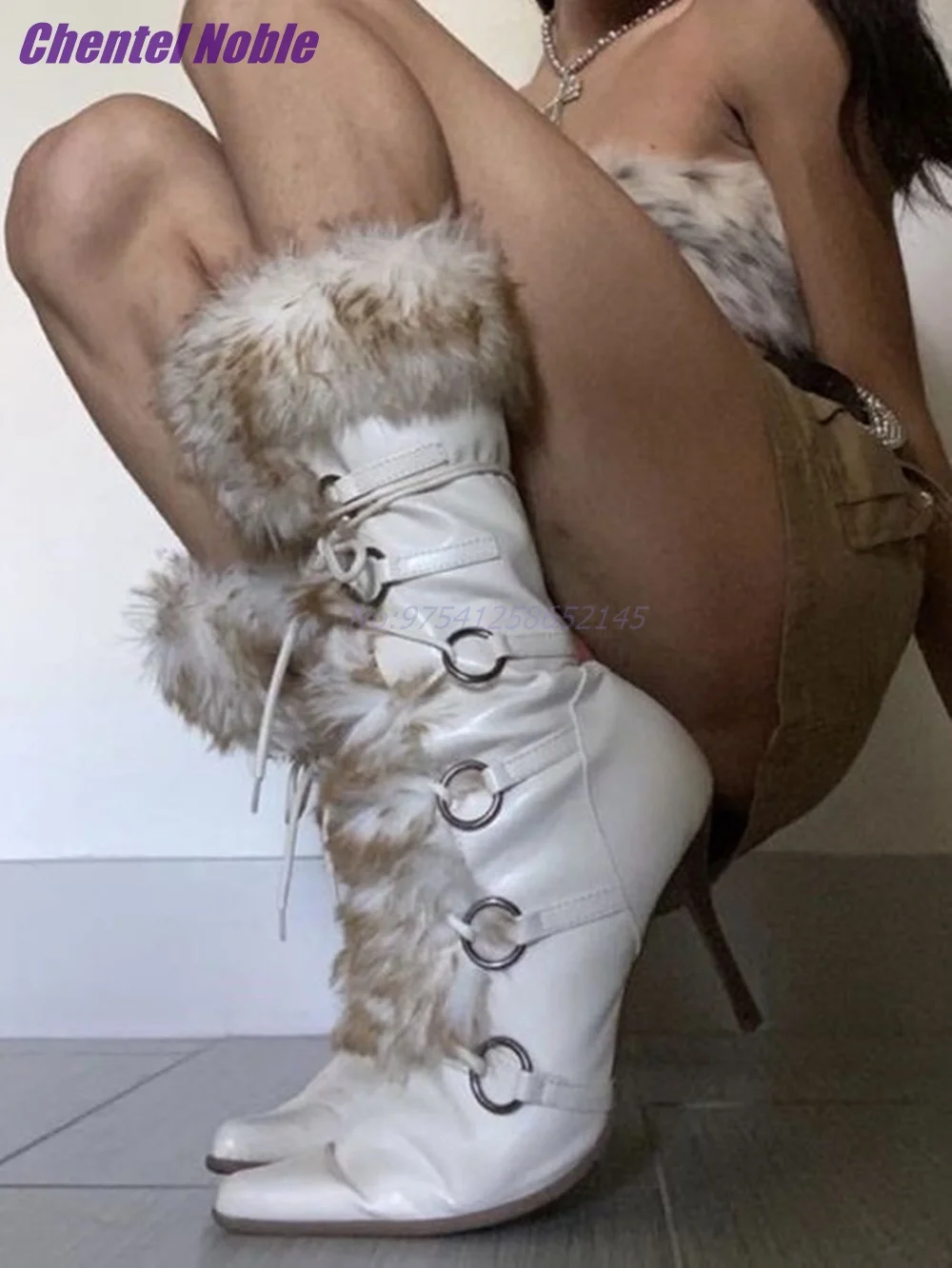 

Sexy Fur Boots White Cross-tied Thin High Heel Pointed Toe Mid-calf Party Women's Boots Fashion Designer Winter Warmly New 2023