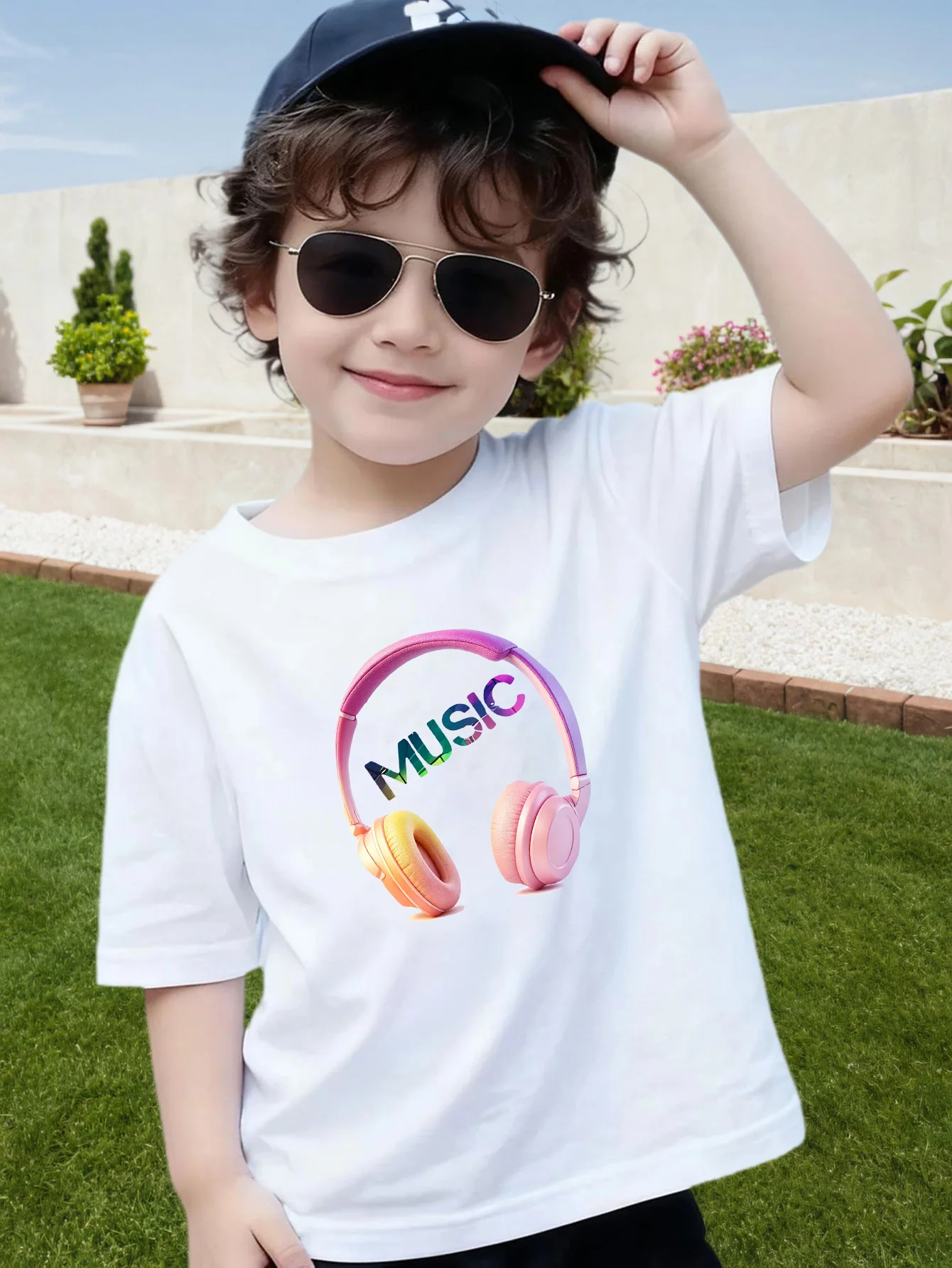 Colorful Gradient Headphones Music Letter Art Print Kids Tee Boys Girls Cotton Summer Soft Casual Unisex Short Sleeve Shirts