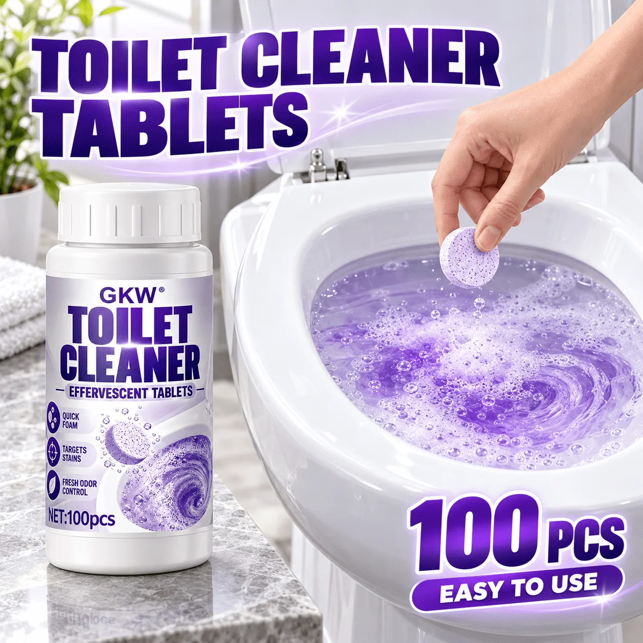 100 Pcs Purple Toilet Cleaning Tablets, Dissolve Urine Water Stains & Limescale, Remove Yellow Stains Restore Shine Deodorize