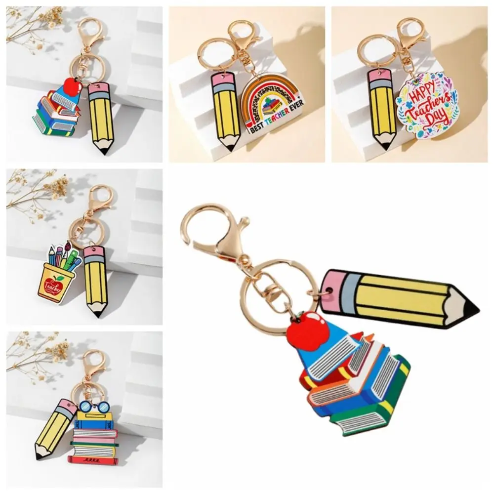 Wooden Pencil Rainbow Keychain English Letter Charm Teacher\'s Day Keychain Trinket Geometric Shape Teacher Education Pendant