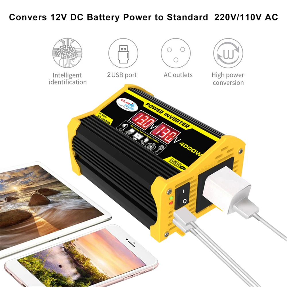 4000W รถอินเวอร์เตอร์ DC 12V to AC 220V 110V Dual USB Charger Converter อะแดปเตอร์รถจอแสดงผล LCD อัตโนมัติอินเวอร์เตอร์