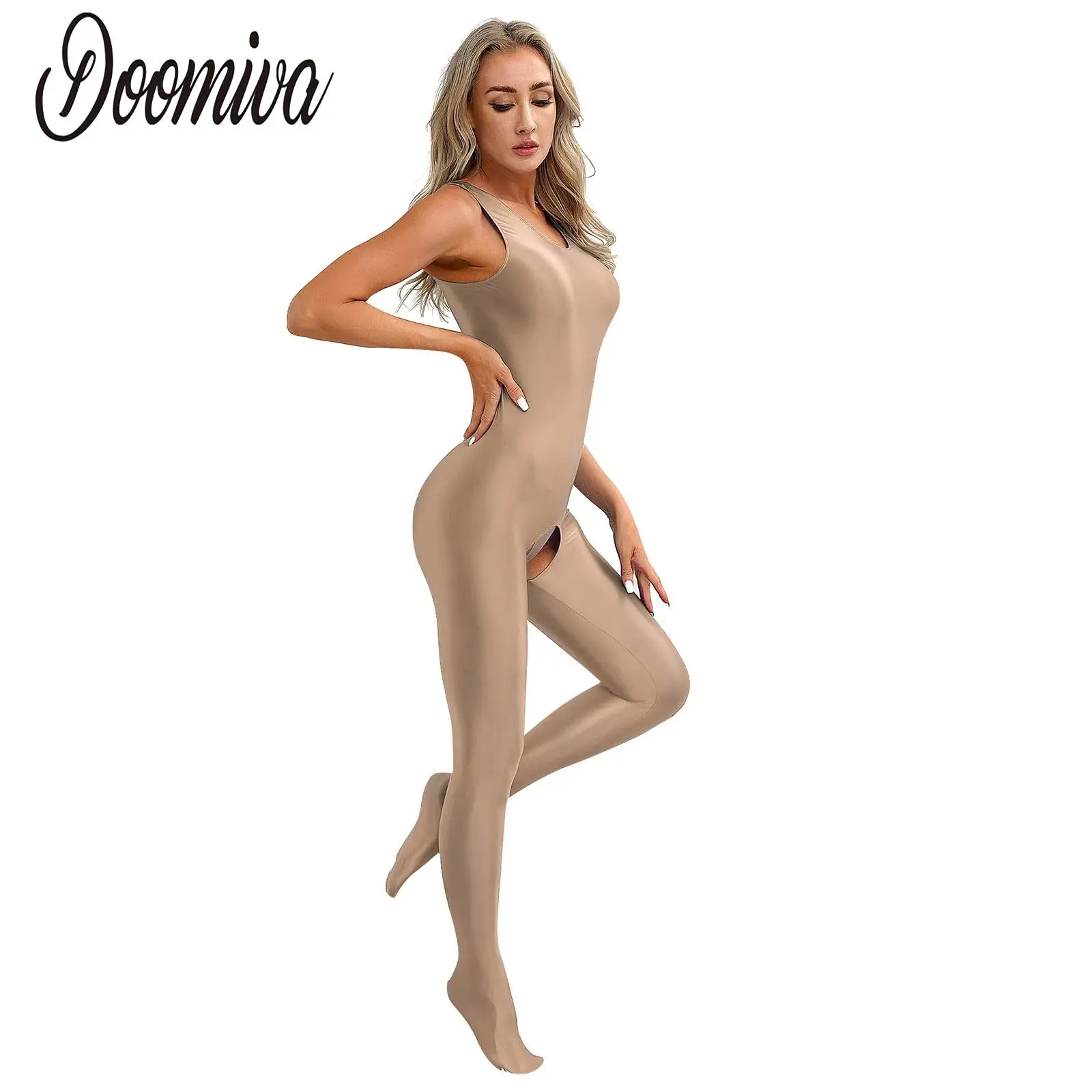 

Women's Glossy Smooth Full Bodycon Jumpsuit Sleeveless Bodysuit Stretchy Open Crotch Rompers Clubwear Catsuit Rave Dancing Wear