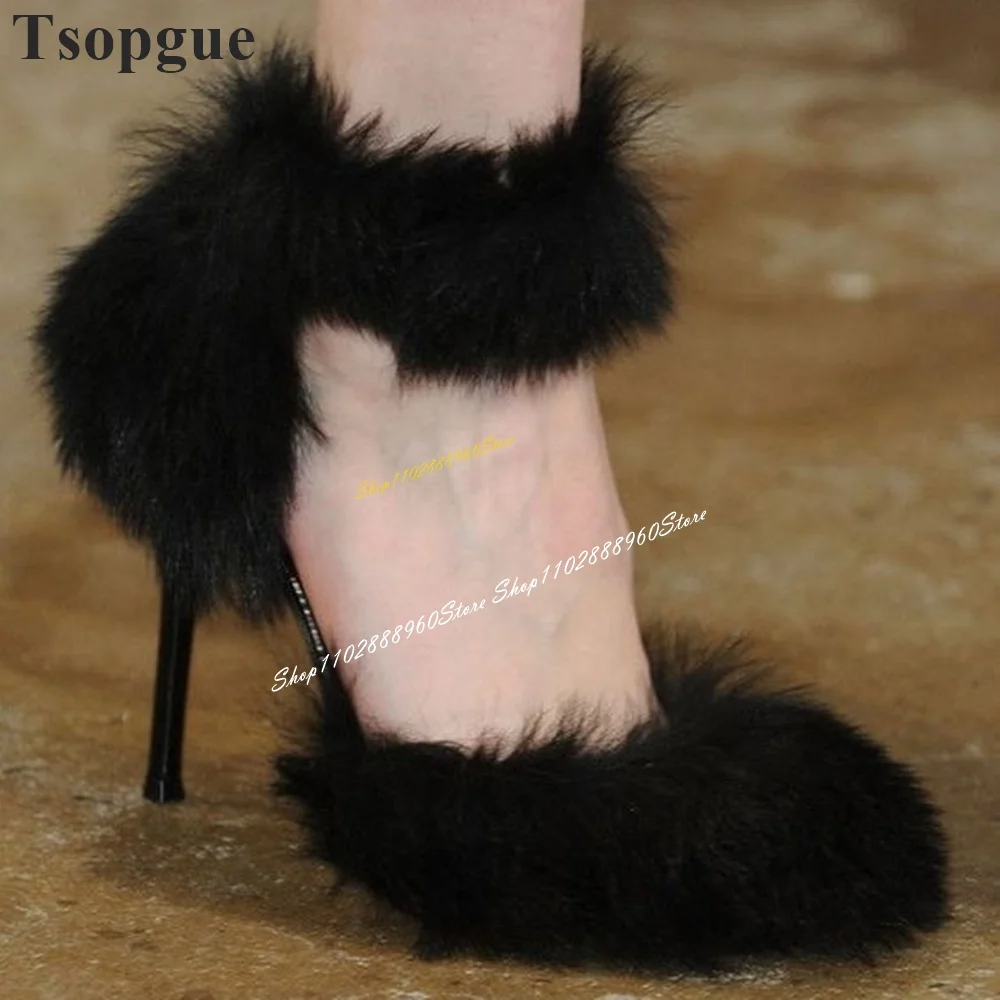 Trending White Furry Shallow Sandals Thin High Heel Women Shoes Ankle Buckle Strap Pointed Toe 2024 Fashion Zapatos Para Mujere