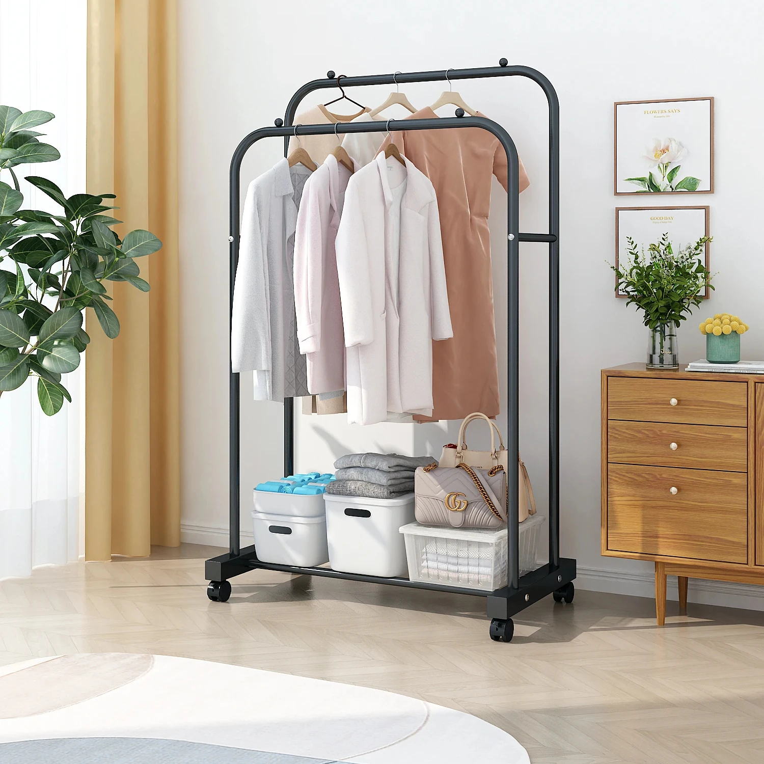 

Wholesale Double Rod Clothing Garment Rack Rolling Clothes Organizer on Wheels for Hanging Clothes