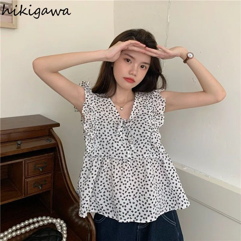 Summer Floral Blouses for Women V-neck Sleeveless Loose Crop Tops Korean Fashion Temperament Shirts 2024 Blusas Mujer De Moda