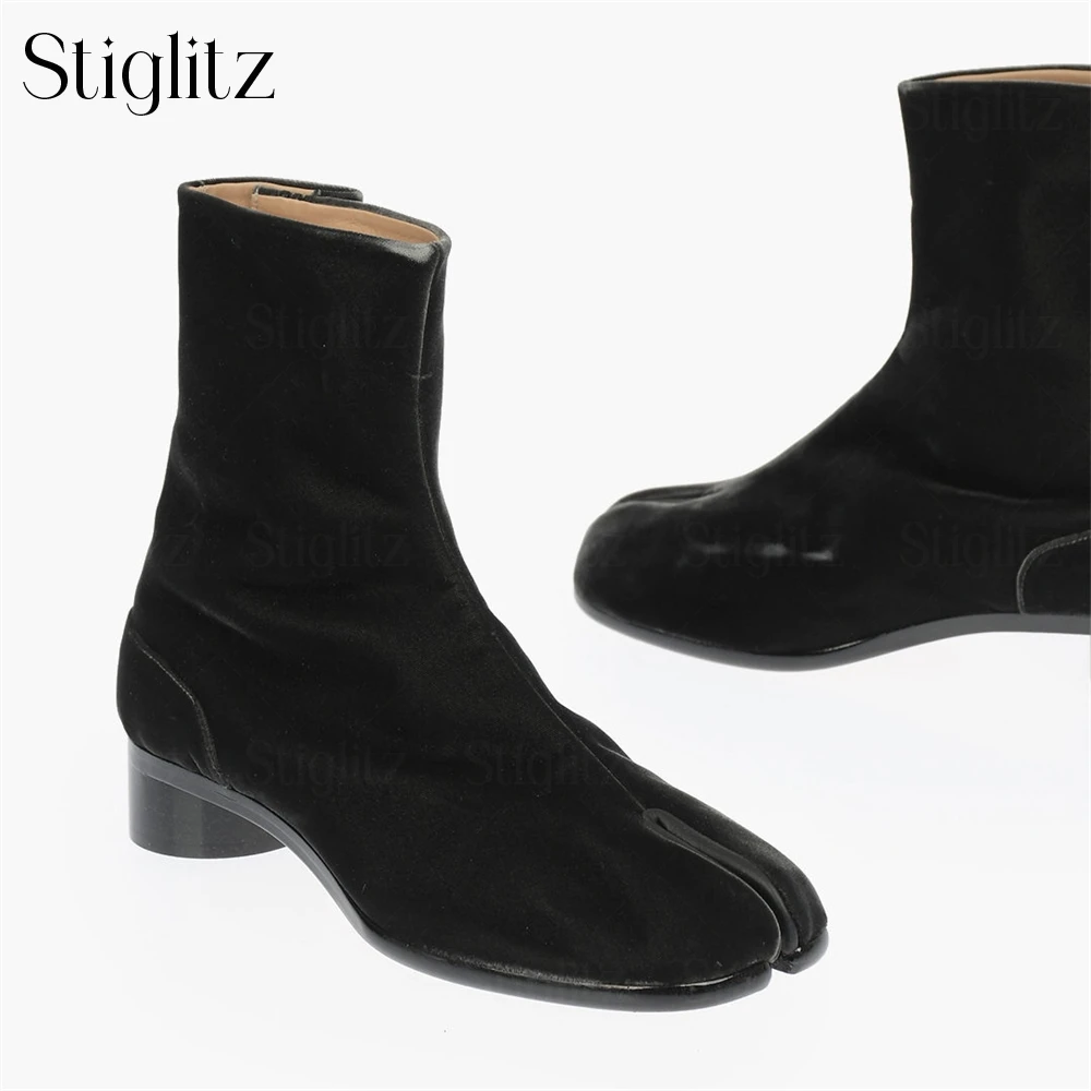 

Black Velvet Tabi Booties Designer Style Novelty Ankle Boots Buckled Split Toe Cylindrical Heel Boots for Men Customizable Color