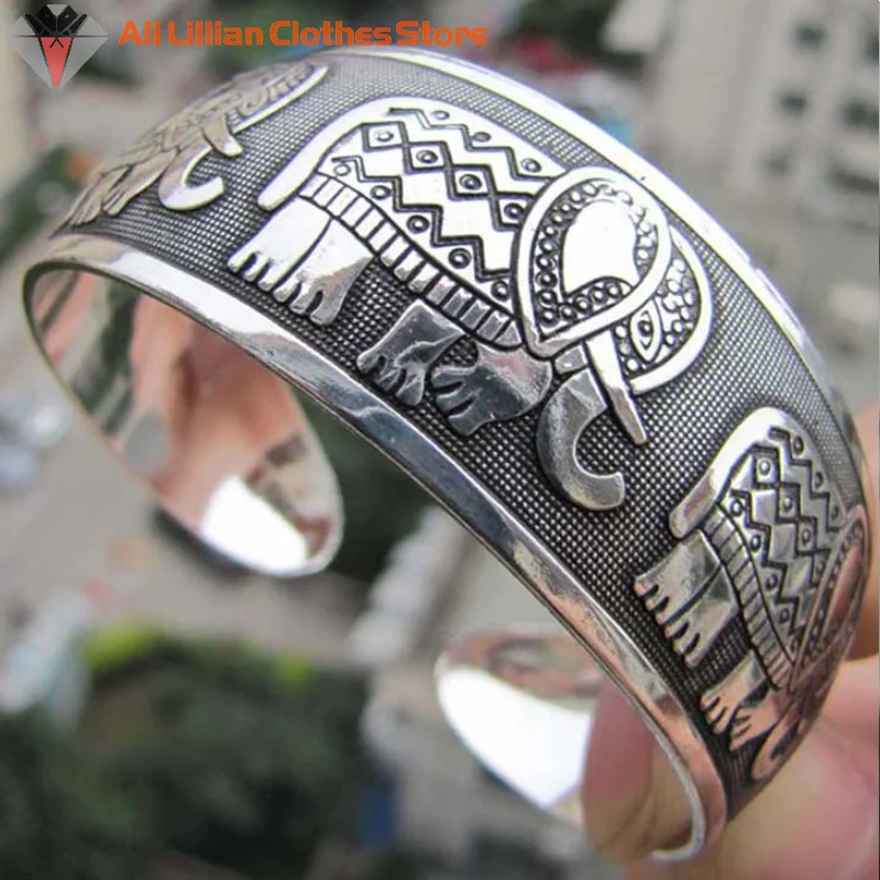 Hot.Vintage Antique Silver Color Animal Snake Flower Pattern Bangles For Women Bohemian Open Metal Bracelets Party Jewelry Gifts