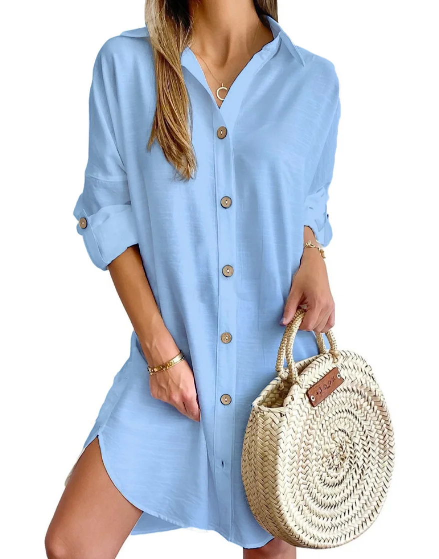 Autumn new ladies casual comfortable fashion long-sleeved single-breasted V-neck lapel buttoned shirt dress women's clothing