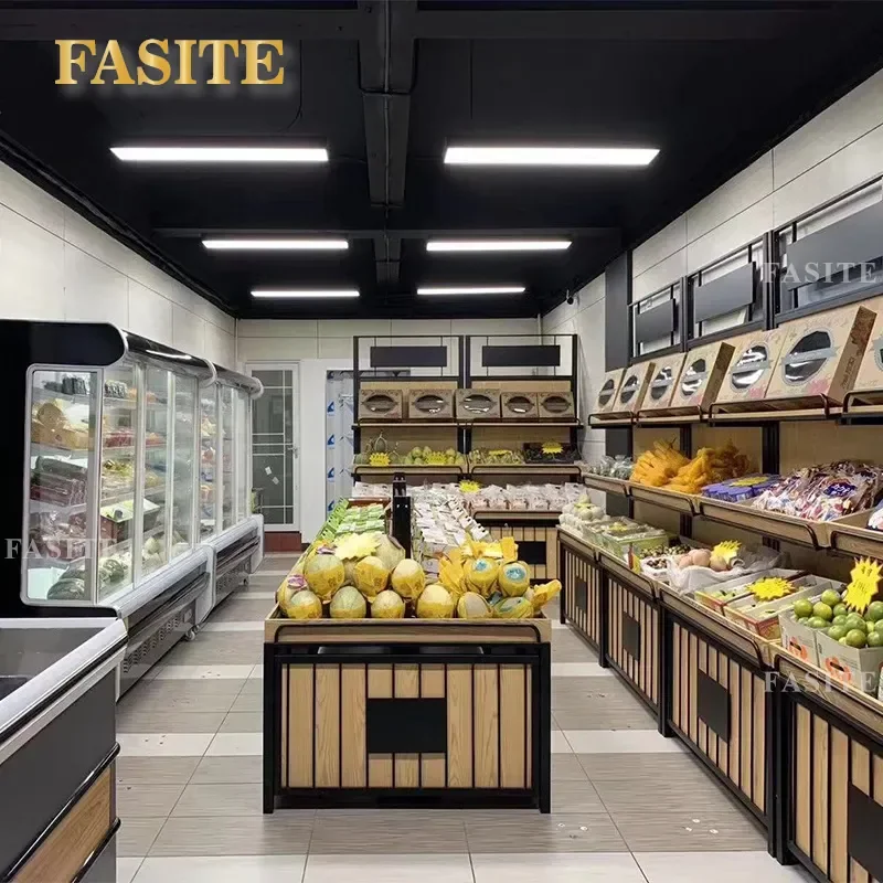 For Supermarket Steel Wood Adjustable Vegetable Fruit Rack Stainless Steel Fresh Produce Display Shelf Durable
