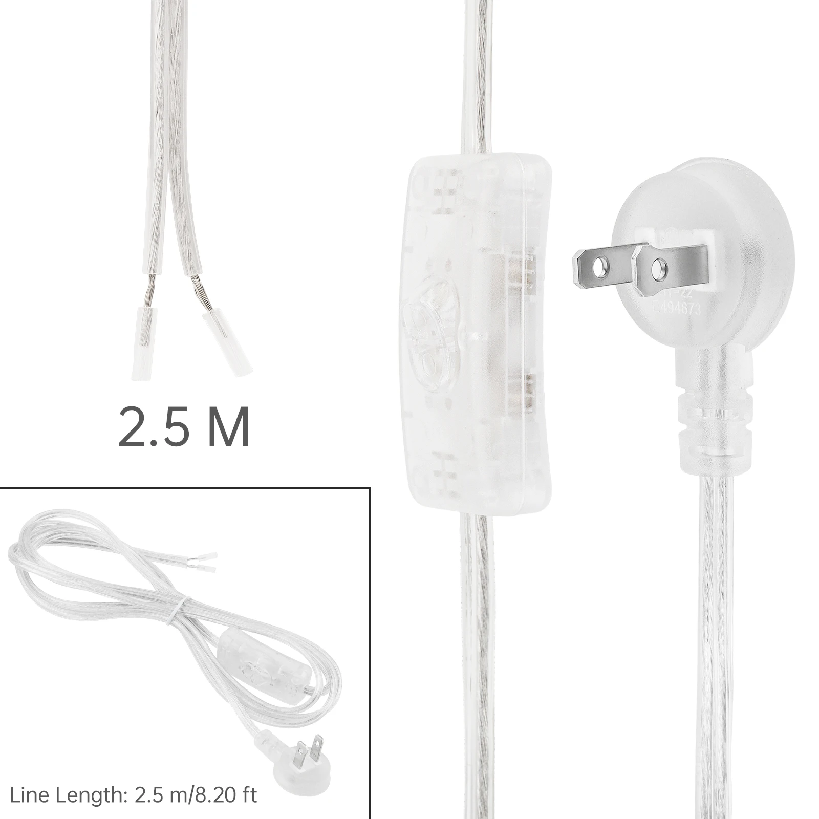 2.5M 90 Degree Right Angle Plug Cord with ON OFF Switch SPT-2 18AWG Transparent Lamp Cord Replacement Extension Power Cable