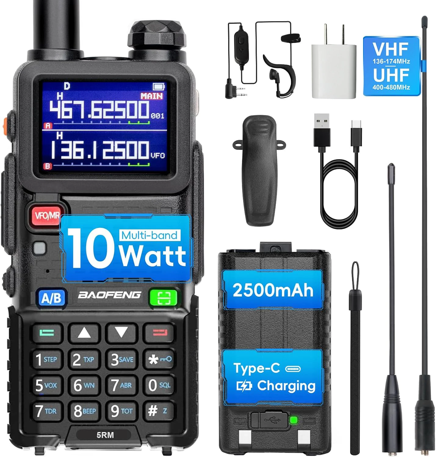 BAOFENG 5RM 10W Ham Radio Long Range UV5RM GMRS Radio Handheld Two Way Radio NOAA Weather Receiver Rechargeable Long Range Walk