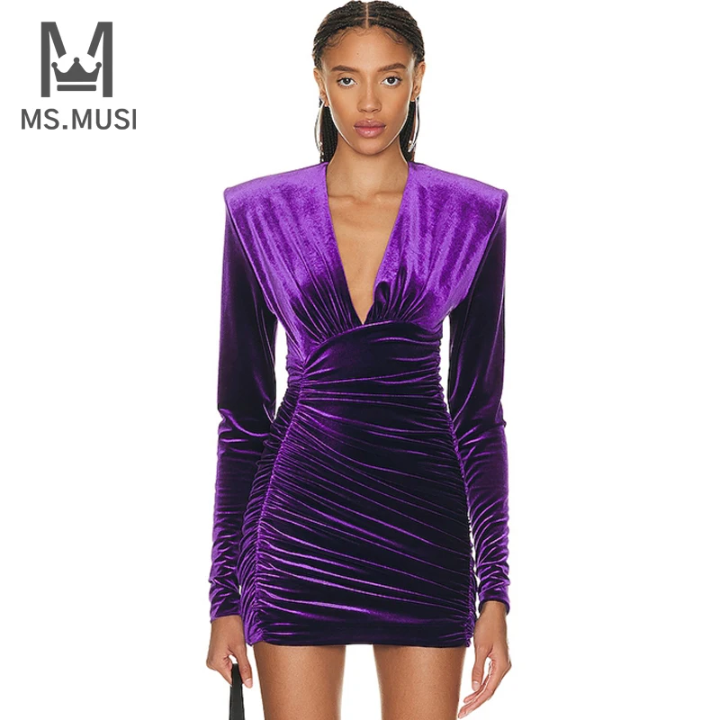 MSMUSI 2024 New Fashion Women Sexy Elegant V Neck Velvet Fold Long Sleeve Bodycon Party Club Event Slim Mini Dress Lady Vestidos