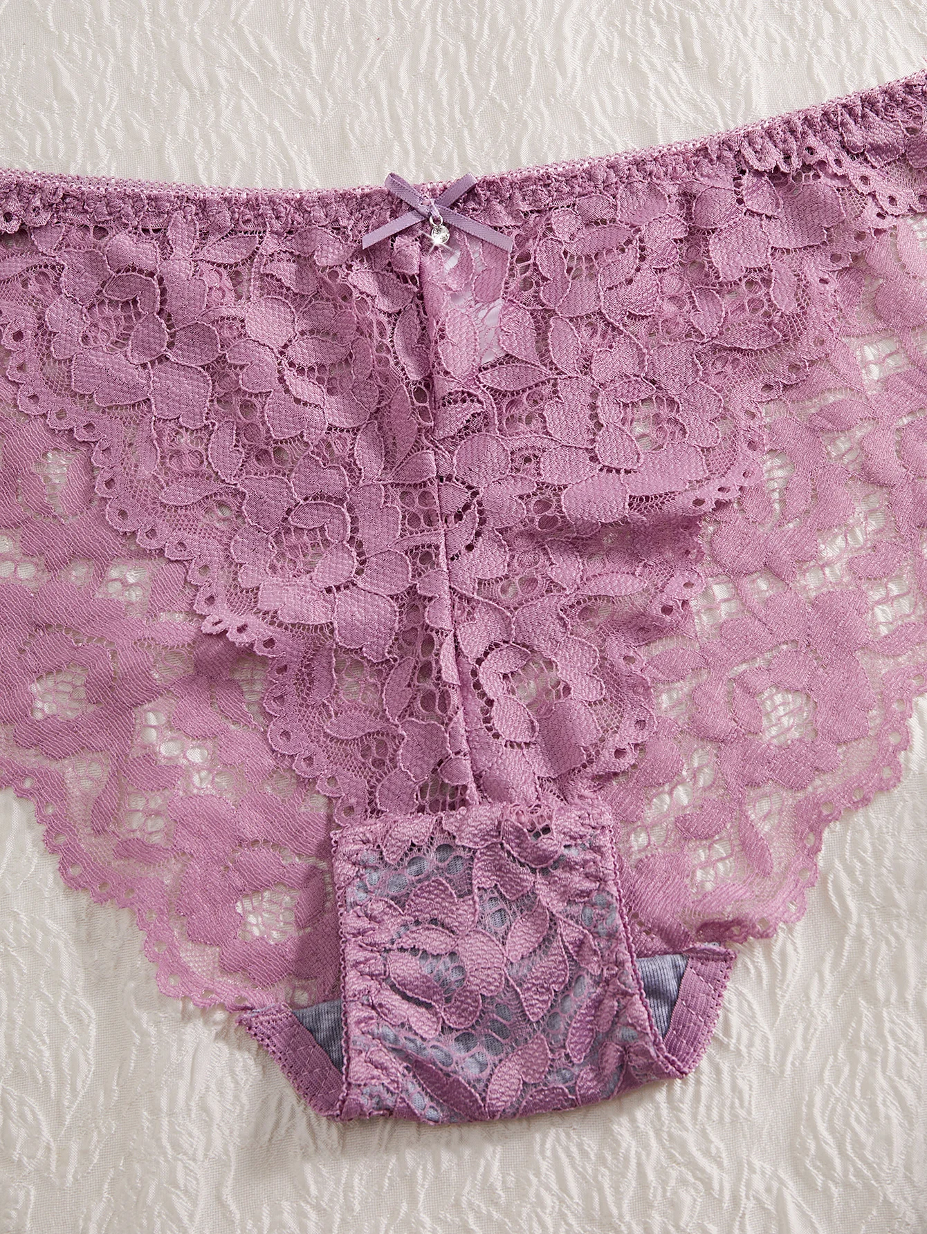 Sexy Dessous-Set für Damen, Spitze, Patchwork, einfarbig, mit Schleife, Strasssteinen verziert, Push-up-Effekt, doppelte Träger, ungefüttert, bequeme Unterwäsche, Spitze, halbtransparent, atmungsaktive Unterhose. – Detail 14