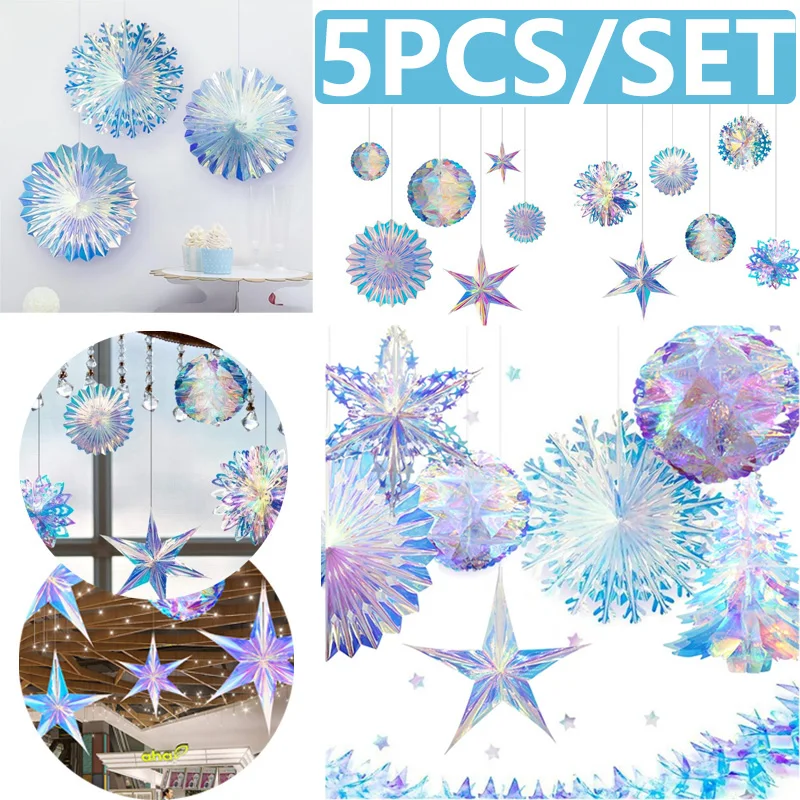 5PCS Iridescent Shiny Glitter Stars Snowflake Balls Honeycomb Fan Curtains for Birthday Party Wedding Christmas Decor Wholesale