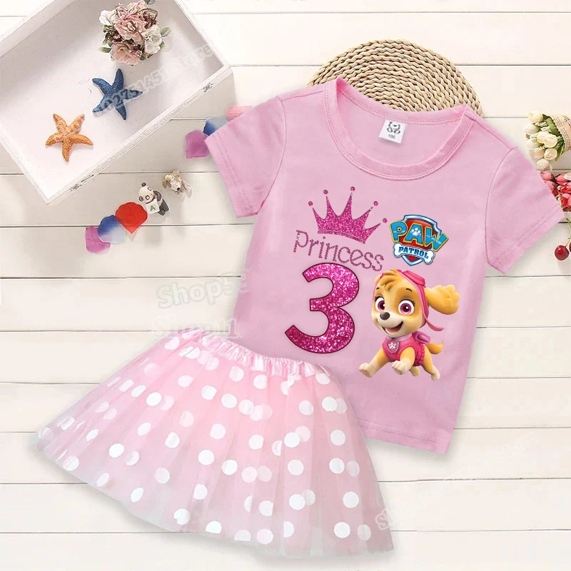 Paw Patrols T-shirt Skirt Suit for Kids Girls Cotton Tops Princess Dress 2-piece Set Cute Birthday Number Skye Print Summer Gift