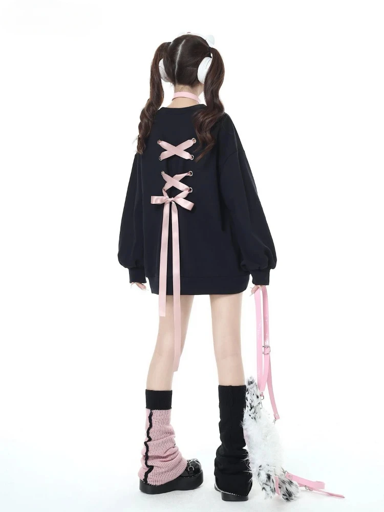 Y2k Aesthetic Love Printing Hoodies Tops Women Spring Harajuku Bandage Bow Hoody Cute Kawaii Pink Grunge Casual Loose Sweatshirt