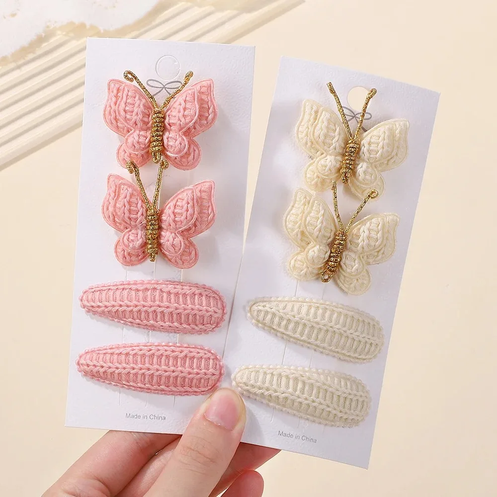 4PCS/Set Handmade Knitting Butterfly Hair Clip Set Childrens Girl Hair Accessories Winter Casual Wear Soft Hair Clips Gift