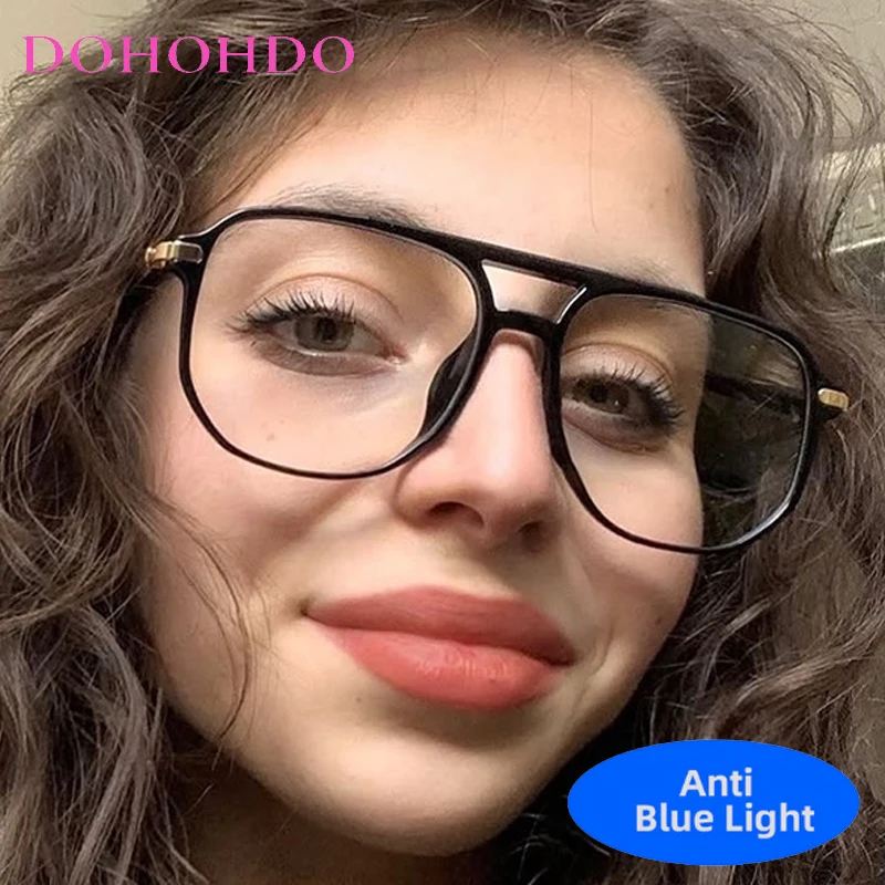 

Vintage Oversized Twin Bridge Pilot Anti-Blue Light Glasses Women Men Fashion Brand Designer Computer Glasses For Office Work