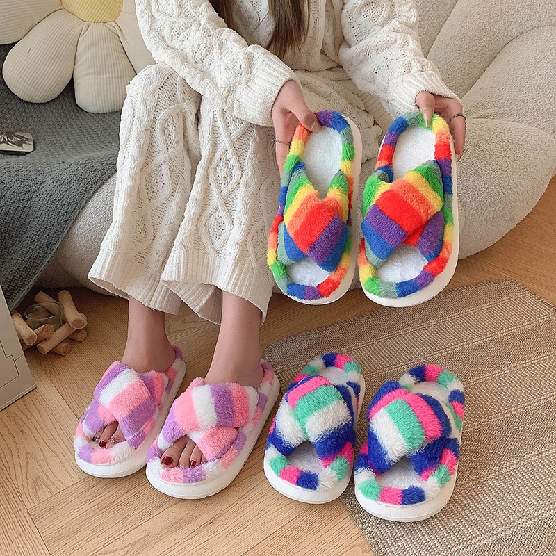 2026 Autumn Winter Women's colorful mixed color Fluffy Slippers Luxury Plush Home Shoes Fashion Fuzzy Fur Slides Flats Footwear