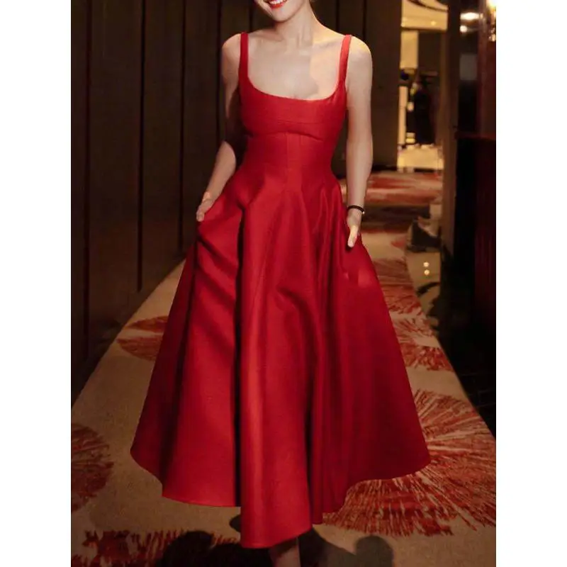 French Wedding Dress Solid Color Satin Simple Adult Dress Party