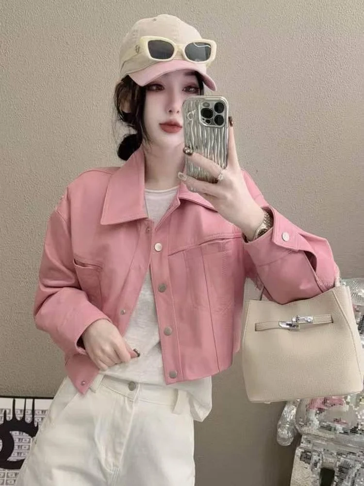 

Весна 2026: Винтажная кожаная куртка-косуха в гонконгском стиле, свободного кроя, с воротником-стойкой, длинными рукавами, укороченная, на молнии, для женщин