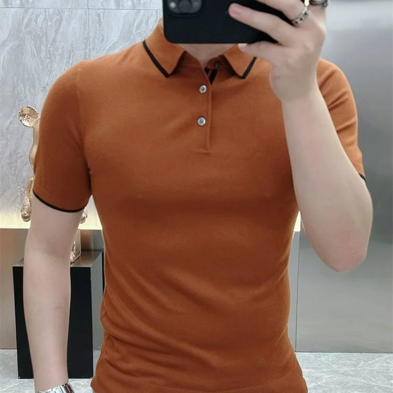 Summer New High Quality Simple Lapel Knitted Polo Shirt Men Button Casual Fashion Summer Versatile Breathable Short Sleeve Tops