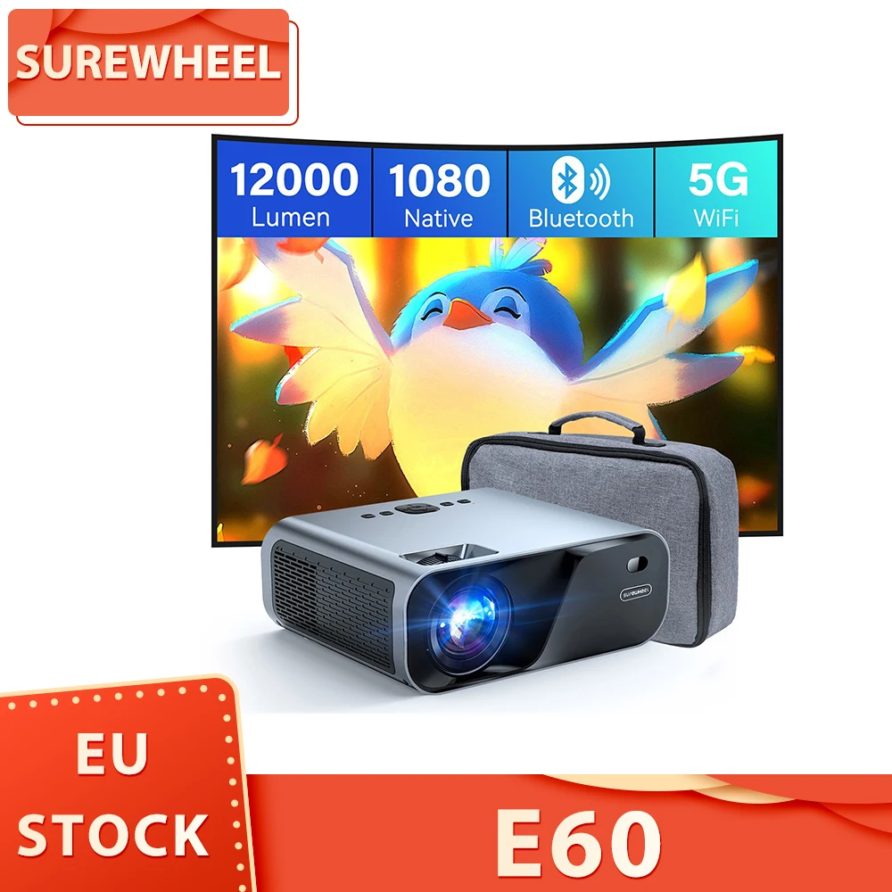 SUREWHEEL E60 Mini Projector, Native 1080P 4K Support 220inch Display, 5G WiFi & Bluetooth 5.0, 16000 Lumens, Zoom, HiFi Speaker