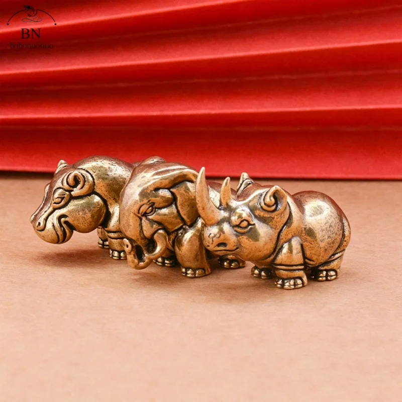 Brass African Three Treasures Africa Hippopotamus elephants, Rhinoceros Figure Statue Desktop Solid Animal Figurine Accessories