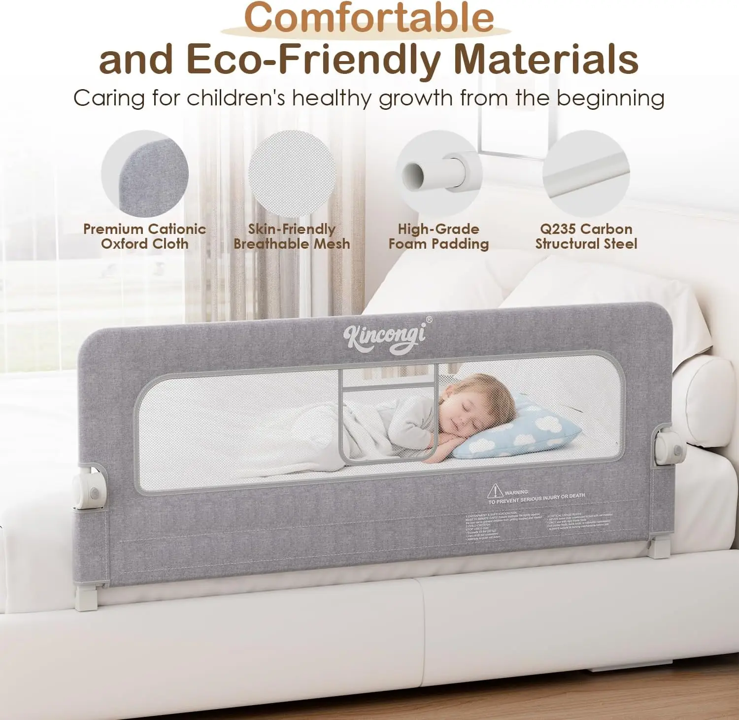 Grade de Cama para Crianças de 59 Polegadas com Base em U Larga, Protetor Respirável para Camas King, Queen, Full e Twin