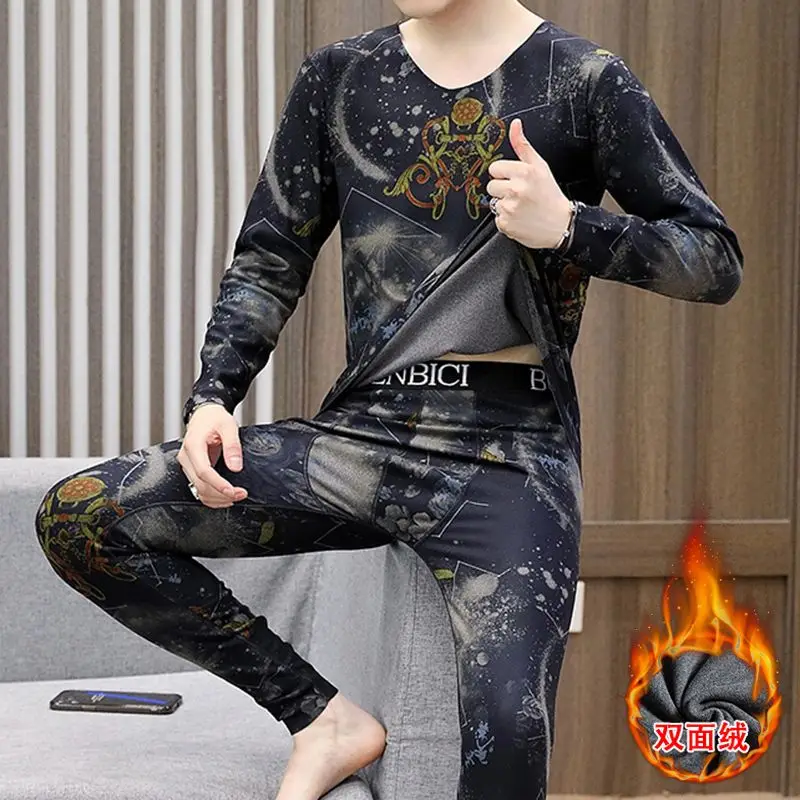 가을과 겨울 무봉제 따뜻한 속옷 남성용 양면 독일 벨벳 세트 청년용 브이넥 롱존 잠옷 세트