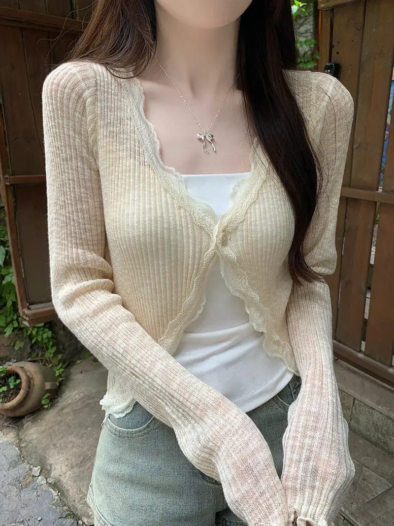 

Lace Trim One Button Long Sleeve Crop Top Women Short Sleeve Open Front Ribbed Knit Cardigan Sweater Summer Fairycore Outfit