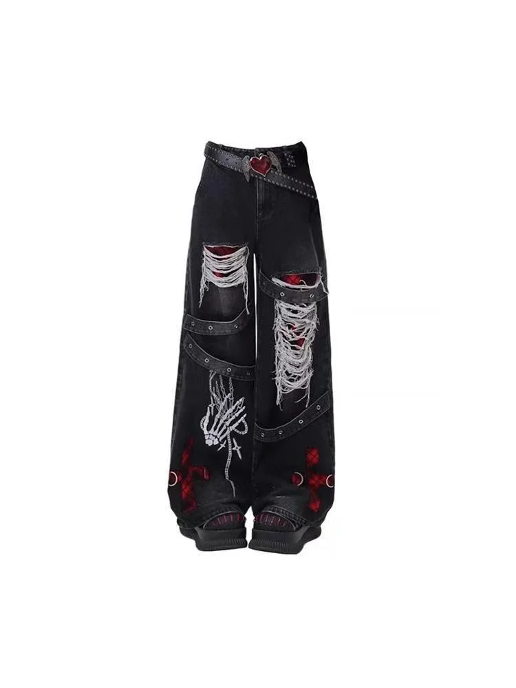 

Y2K красные готические винтажные джинсы в стиле хип-хоп с дырками для девочек, уличный тренд, американский мешковатый комбинезон с поясом, женские широкие брюки