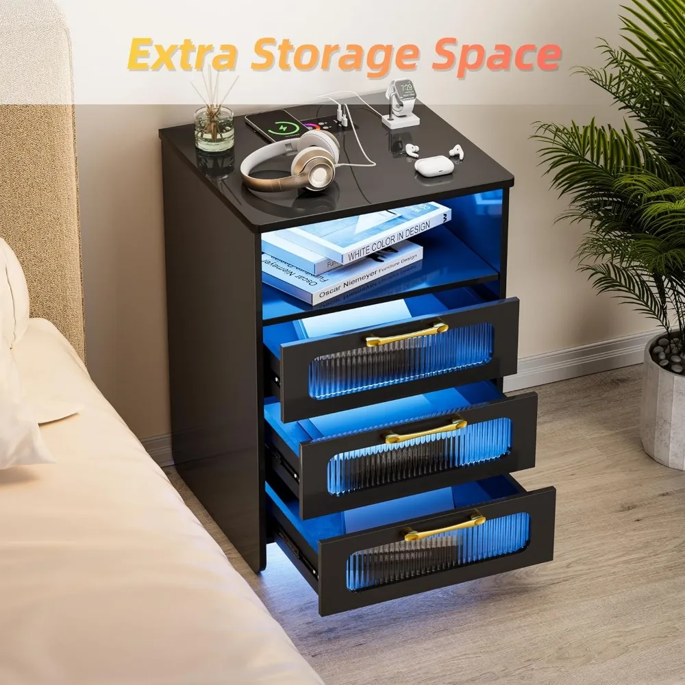 Mesita de noche LED con estación de carga, cajones de mesita de noche modernos, elegante de alta calidad, diseño simple para el hogar
