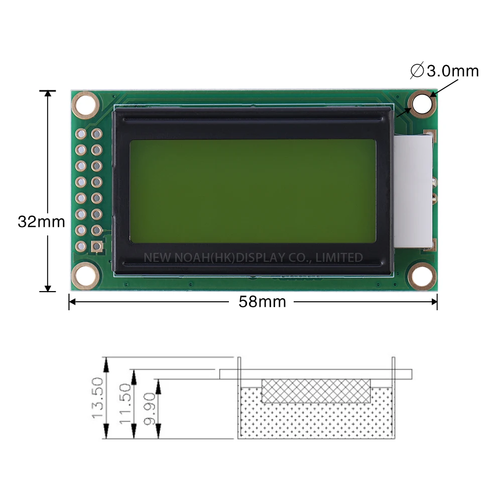 Écran LCD d'origine avec puce ST7066, film jaune et vert, technologie d'affichage LCM, 0802B, 3.3V Rick, 02x8, 8x2, 16 broches, 58x31.87x13.5mm