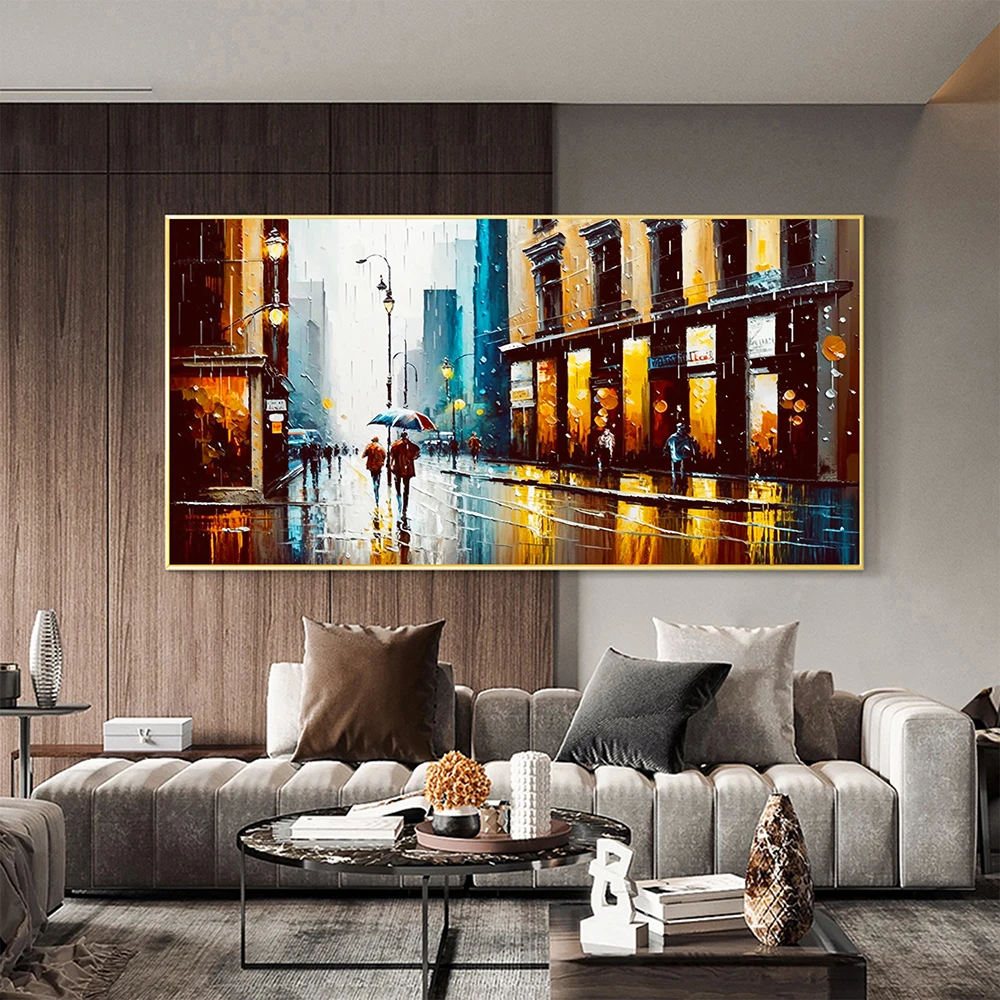 

Hand Painted Oil Painting Abstract Urban Rain Scene oil Painting On Canvas Modern Cityscape Painting Living room Home Decorative