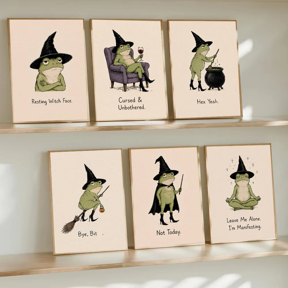 Funny Witch Frog Wall Art Canvas Painting Print Vintage Halloween Poster, Moody Witchy Broom Hat, Gothic Cottagecore Home Decor