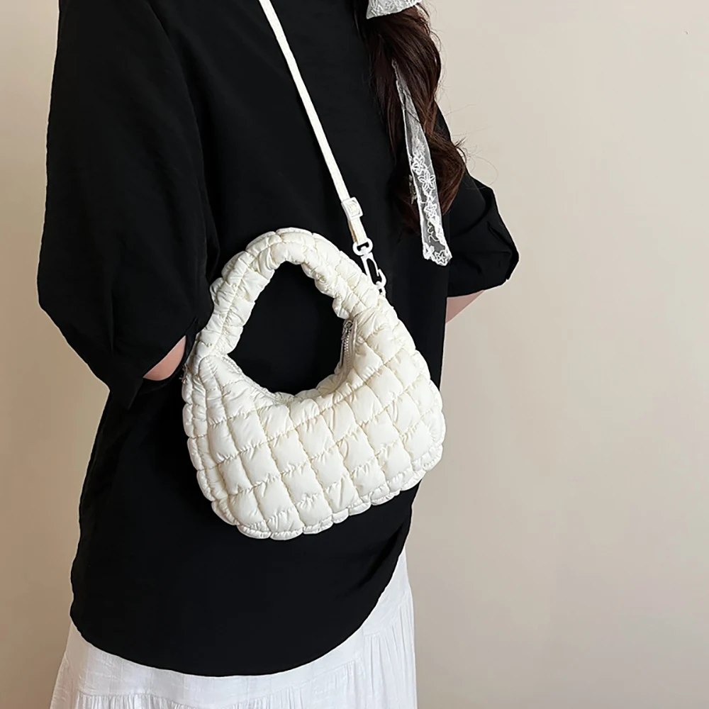 Women Soft Plaids Pleated Handbags Casual Solid Color Zipper Versatile Crossbody Bag Daily Commute All-Match One Shoulder Bags