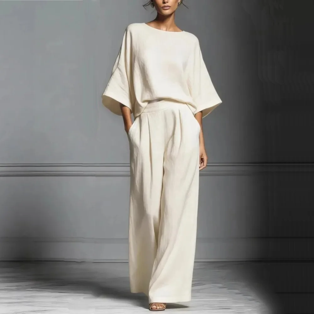 

Elegant Female Spring Summer New Fashion Linen 7quarter Sleeve Women's Trousers 2-piece Set Loose Wide-leg Office Suit